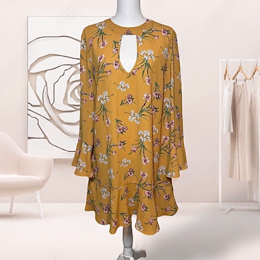 Xhilaration Marigold Yellow & Pink Floral Ruffle Shift Mini Dress Sz XXL 1X